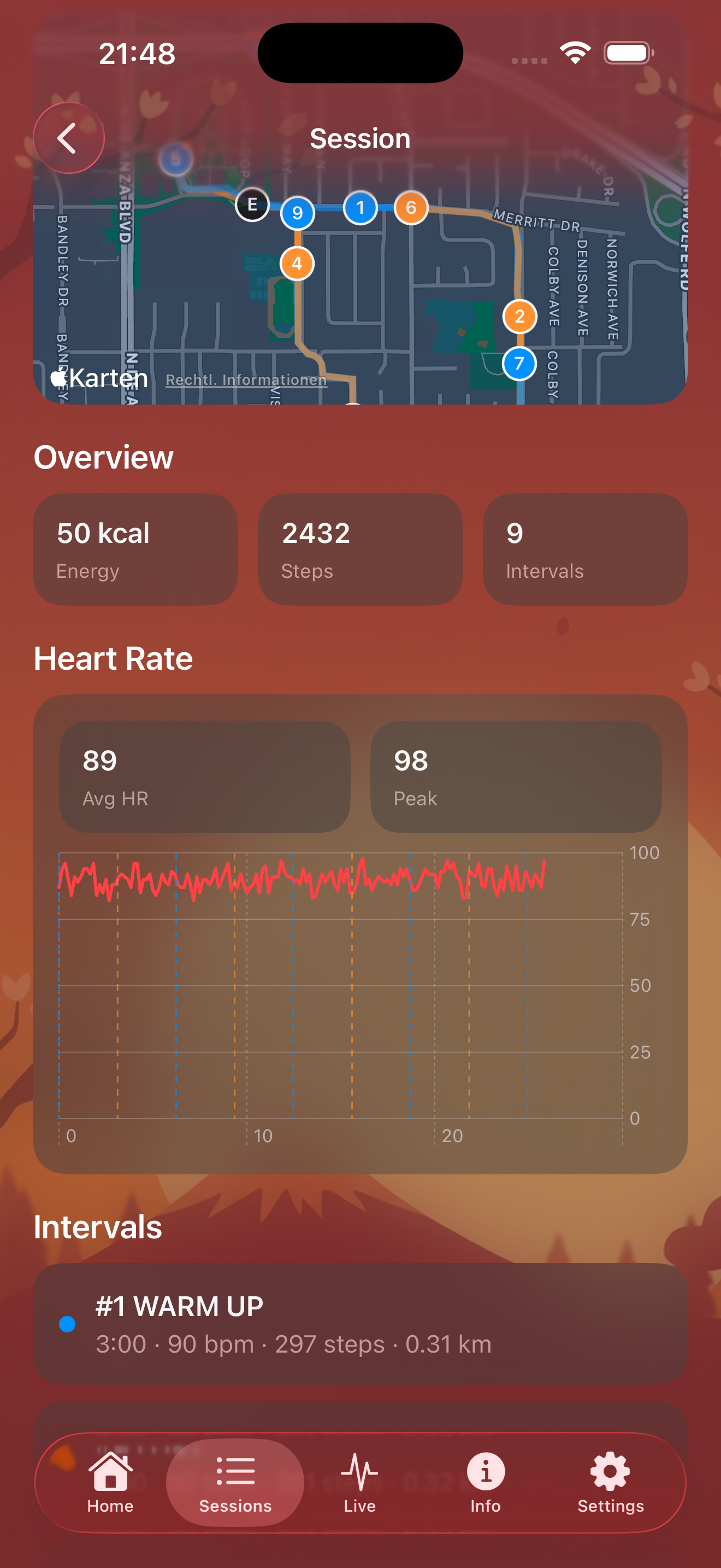 iPhone workout detail with heart-rate data