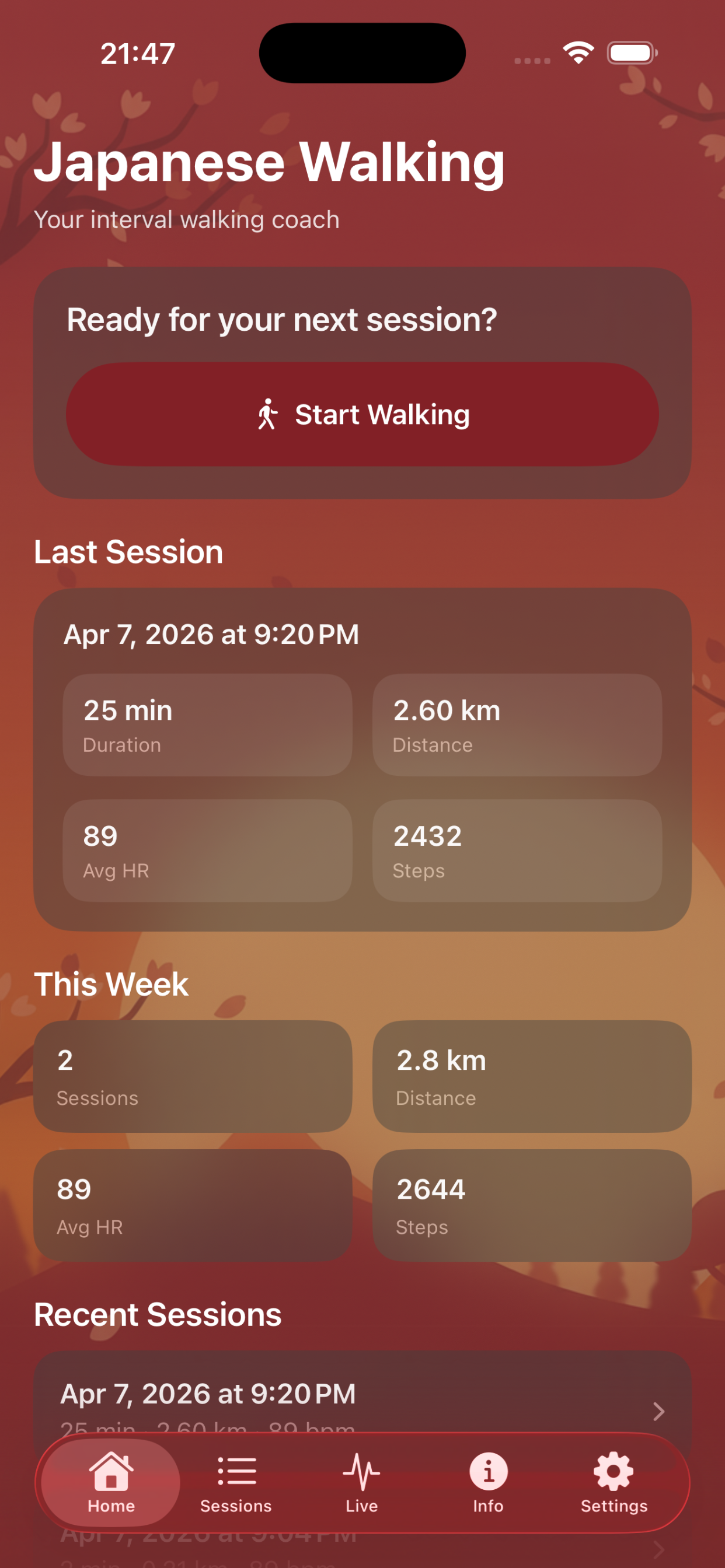 iPhone home screen with workout history